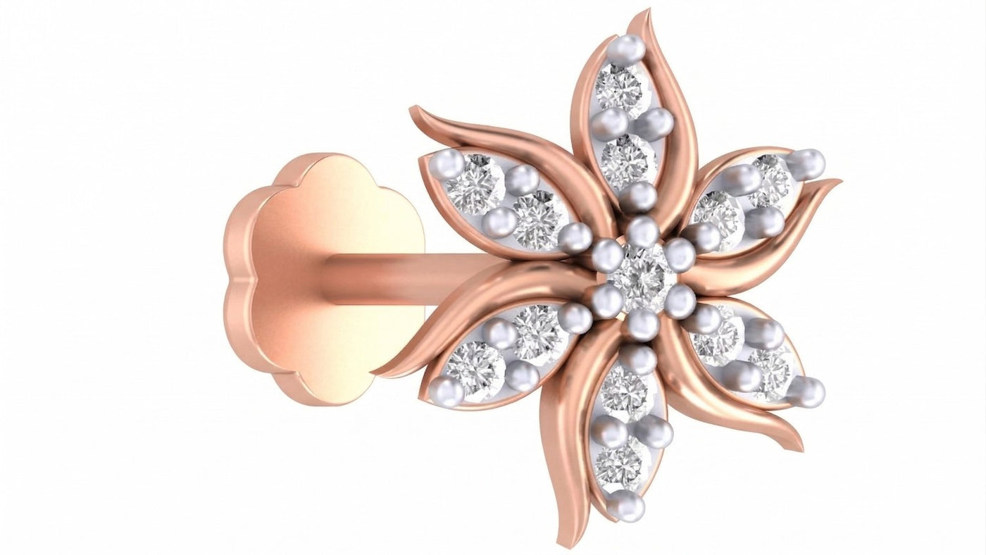 Elegant floral rose gold and diamond nose pin featuring sparkling diamonds in a graceful leaf design.