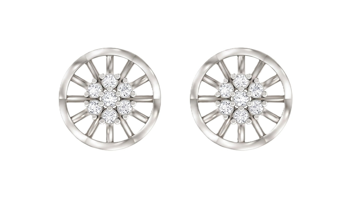 White gold and diamond round-shaped earring on a white background.