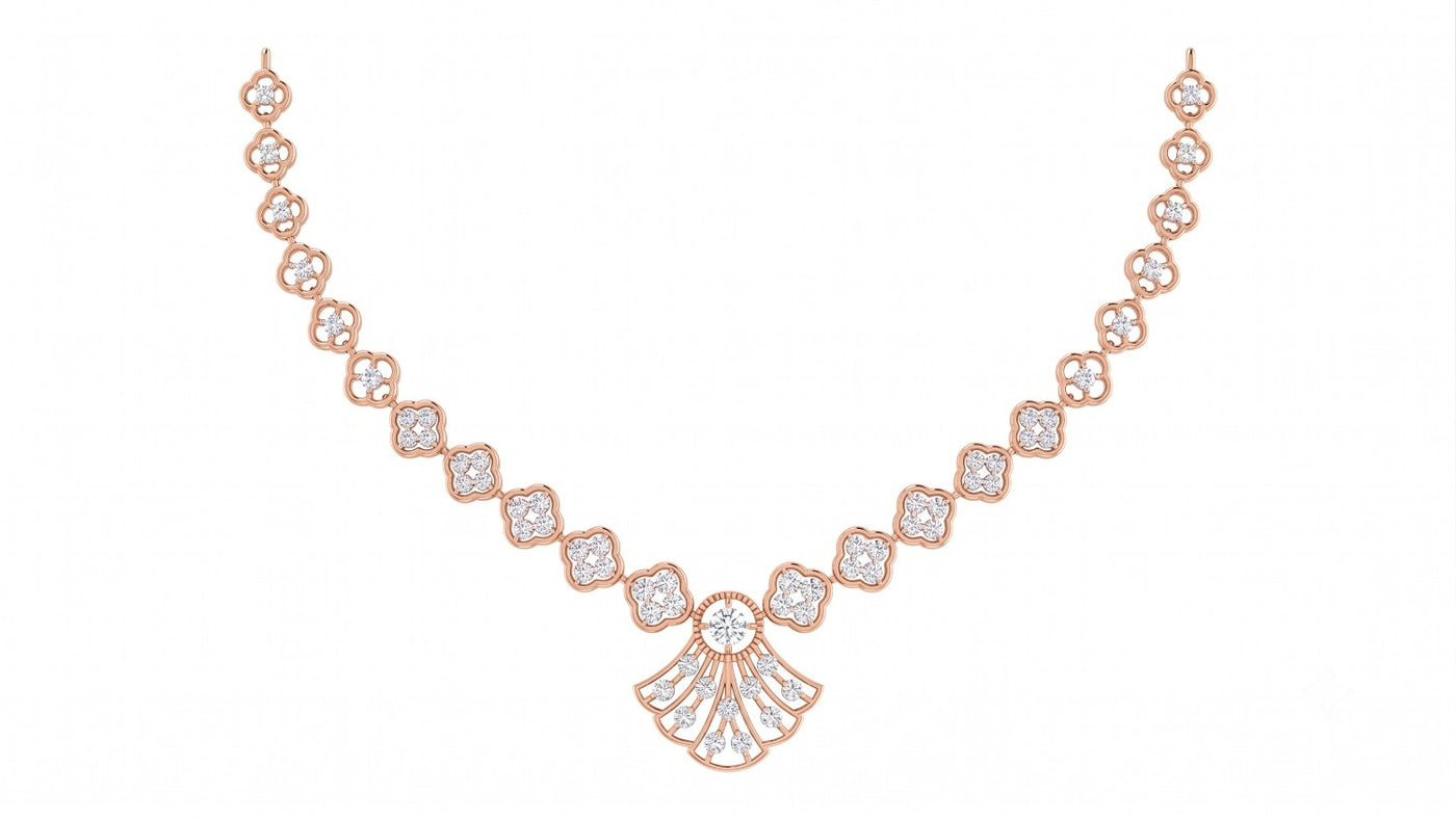 Rose gold and diamond necklace on a white background.
