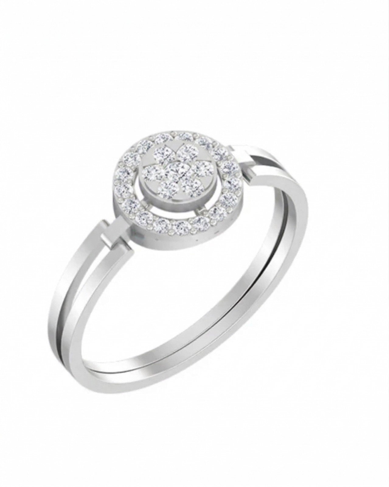 White gold ring with a circular diamond design on a white background