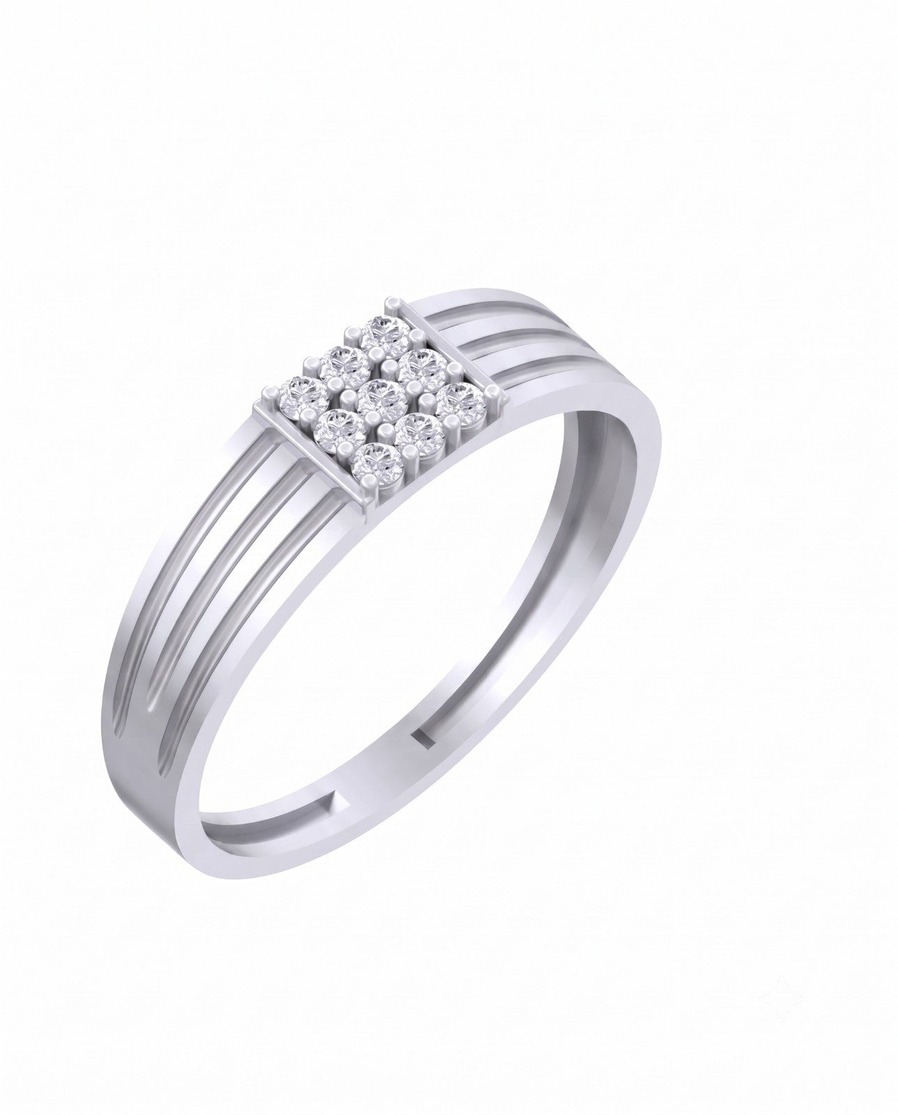 White Gold & Diamond Textured Band Ring For Men with Diamond Cluster on a white background.