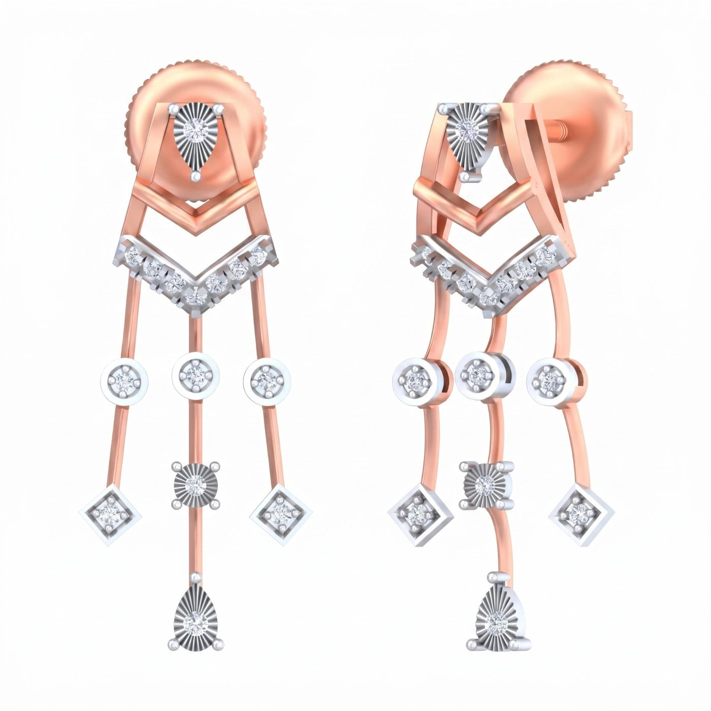 Pair of rose gold and diamond earrings with intricate designs on a white background.
