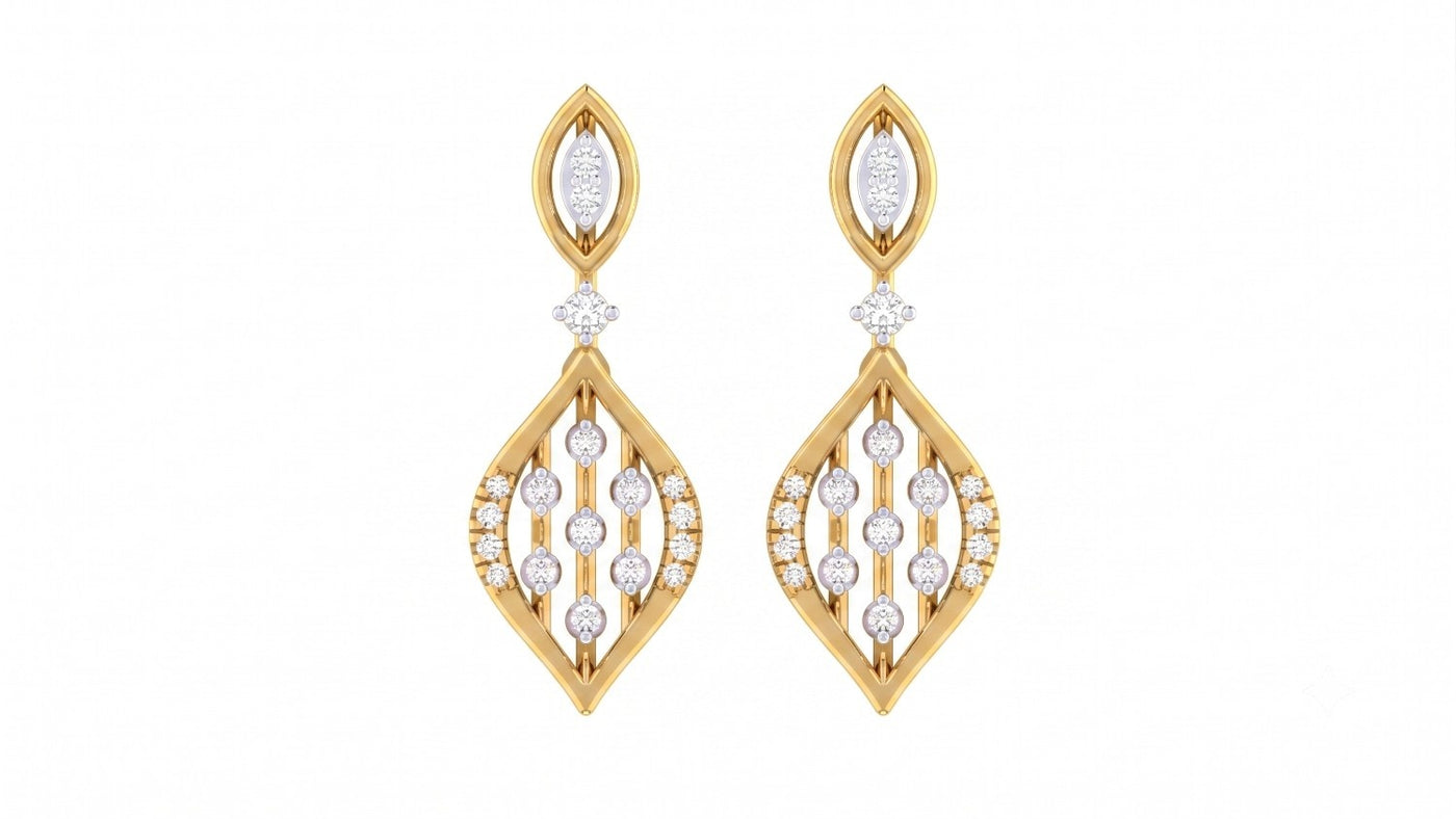 Yellow gold and diamond drop earrings on a white background