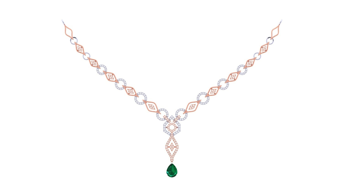 Rose gold and diamond necklace with a green gemstone on a white background