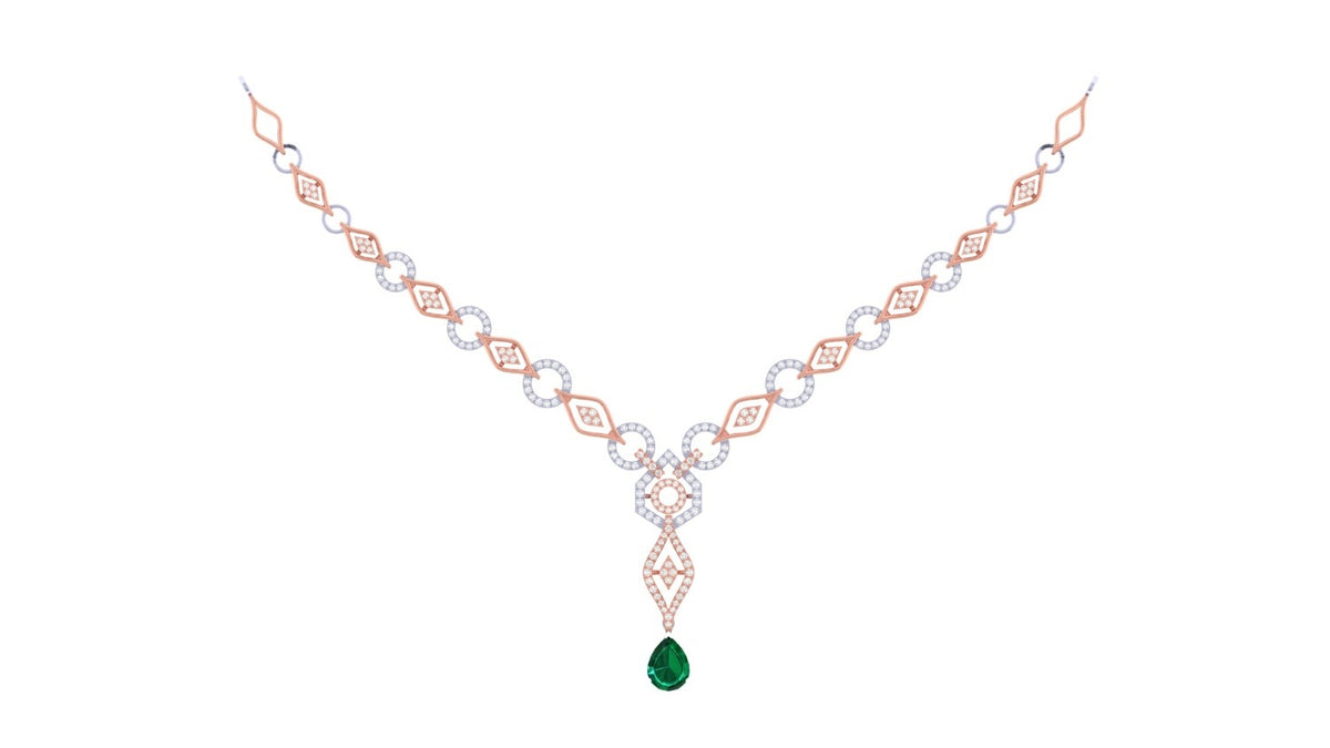 A rose gold and diamond necklace featuring a central emerald-cut green gemstone, displayed on a clean white background.