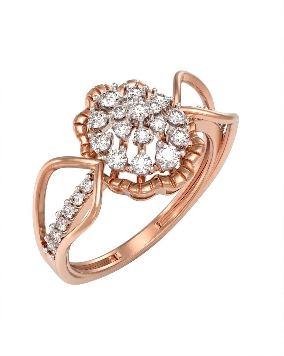 A rose gold ring with a flower-shaped cluster, shown on a plain white background.