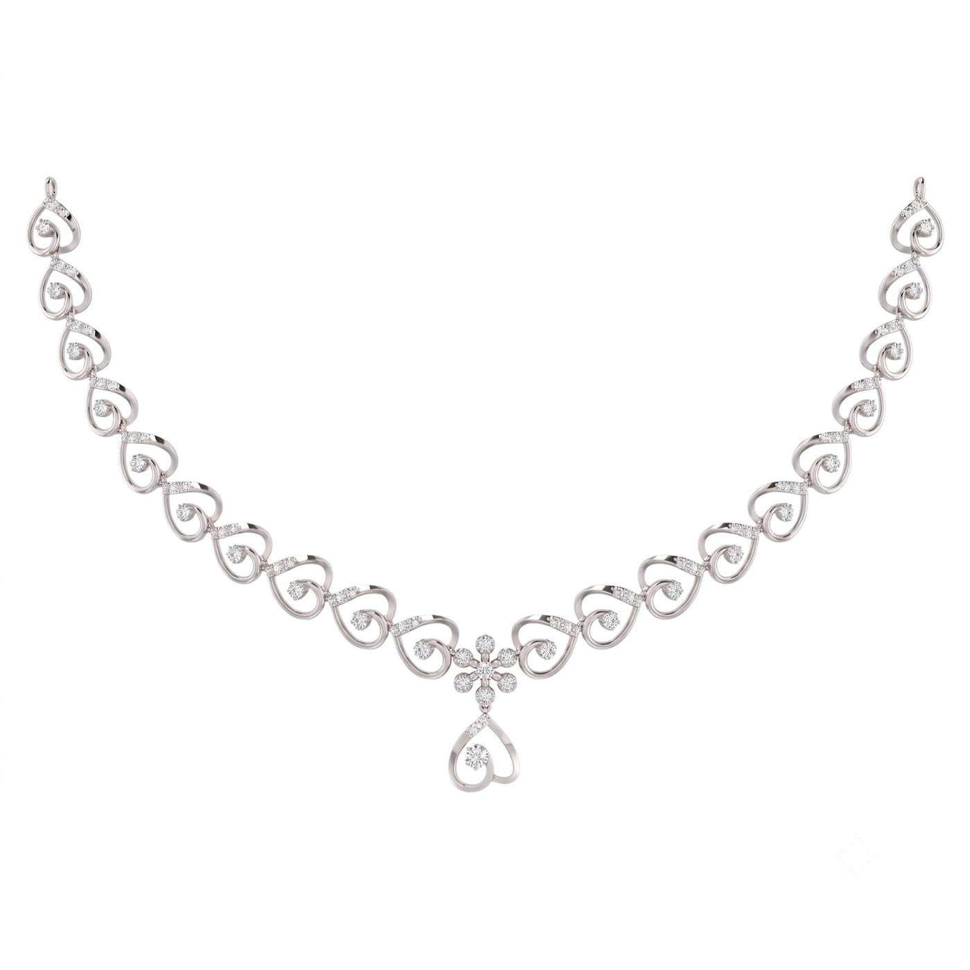 A white gold necklace featuring a repeating heart-shaped link pattern, a central floral motif, shown on a plain white background.