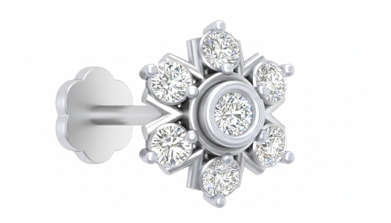white gold and diamond stud nose pin on a white background