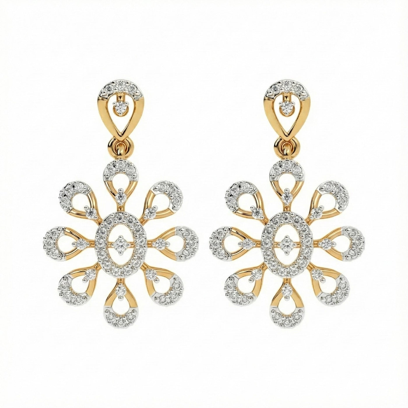 A pair of yellow gold earrings with intricate diamond settings, featuring a floral design.