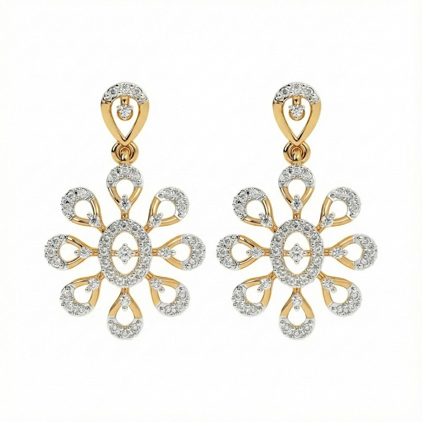 A pair of yellow gold earrings with intricate diamond settings, featuring a floral design.