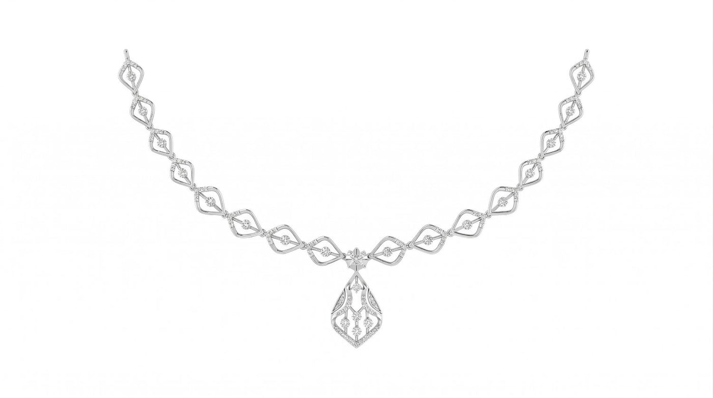 White gold necklace with a teardrop design on a white background