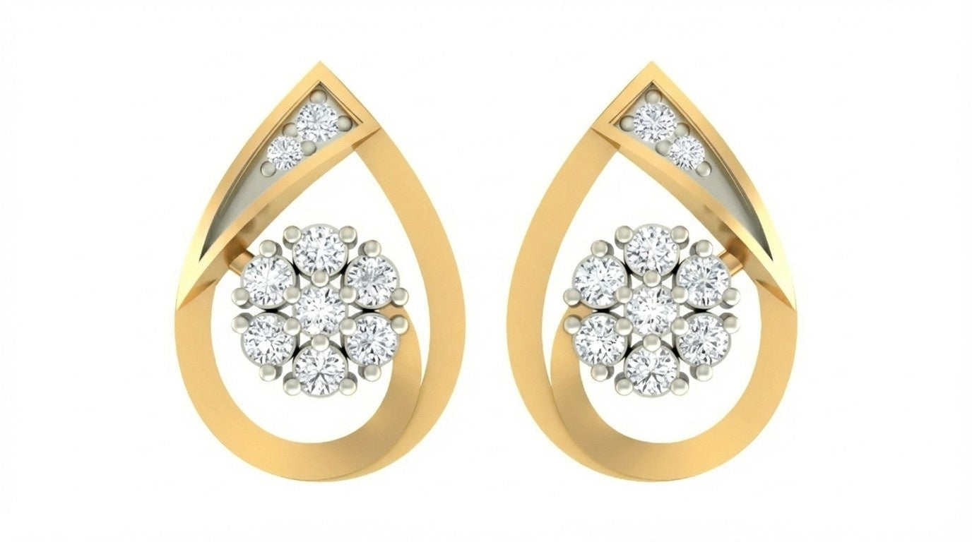 Yellow gold and diamond stud earring with teardrop-design on a white background