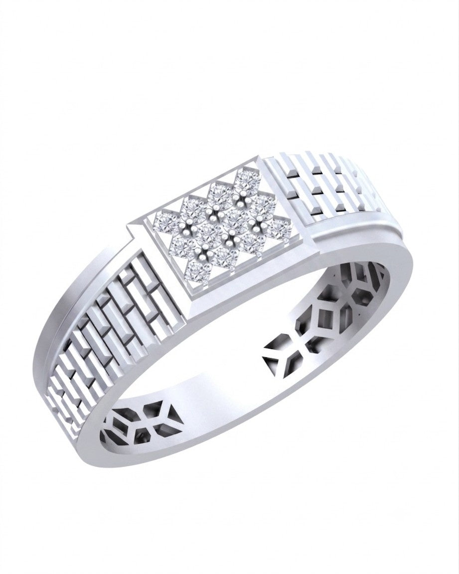A white gold and white gold ring with a central diamond cluster and geometric patterns on the band, shown on a plain white background.