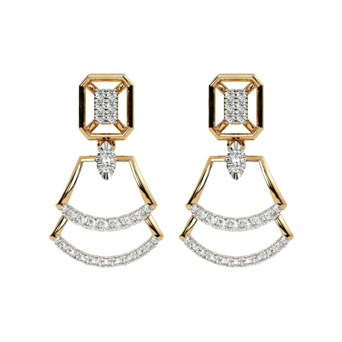 A pair of yellow gold earrings with diamond accents, featuring a geometric design.