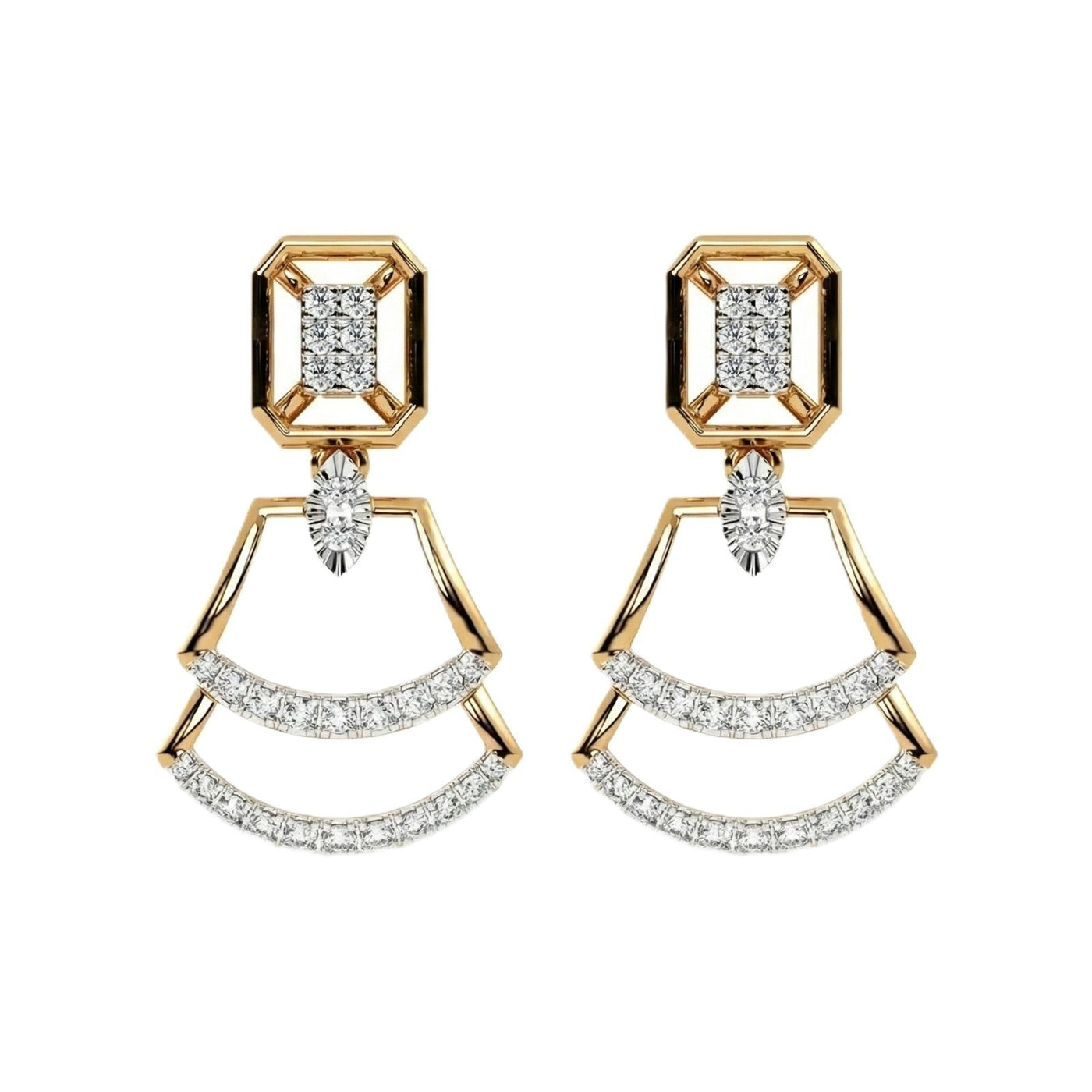 A pair of yellow gold earrings with diamond accents, featuring a geometric design.