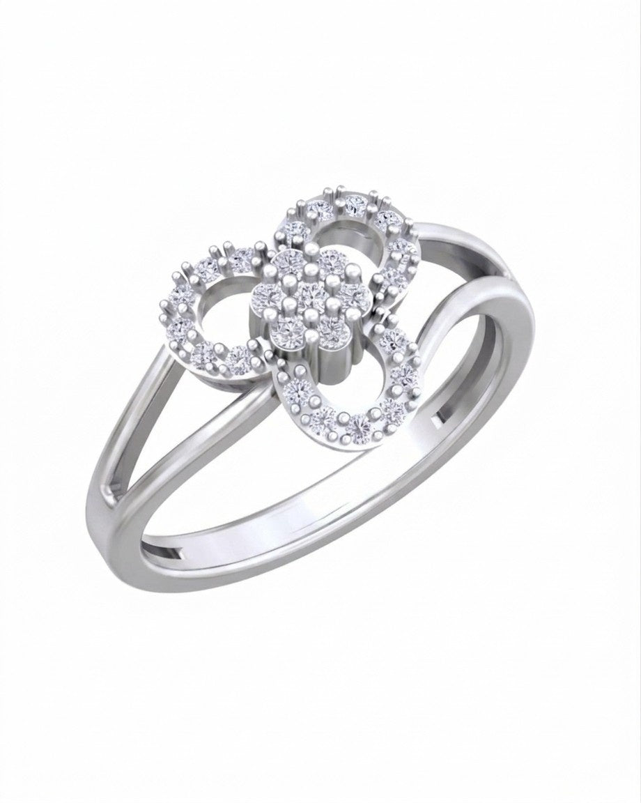 White gold and diamond ring with a floral design on a white background