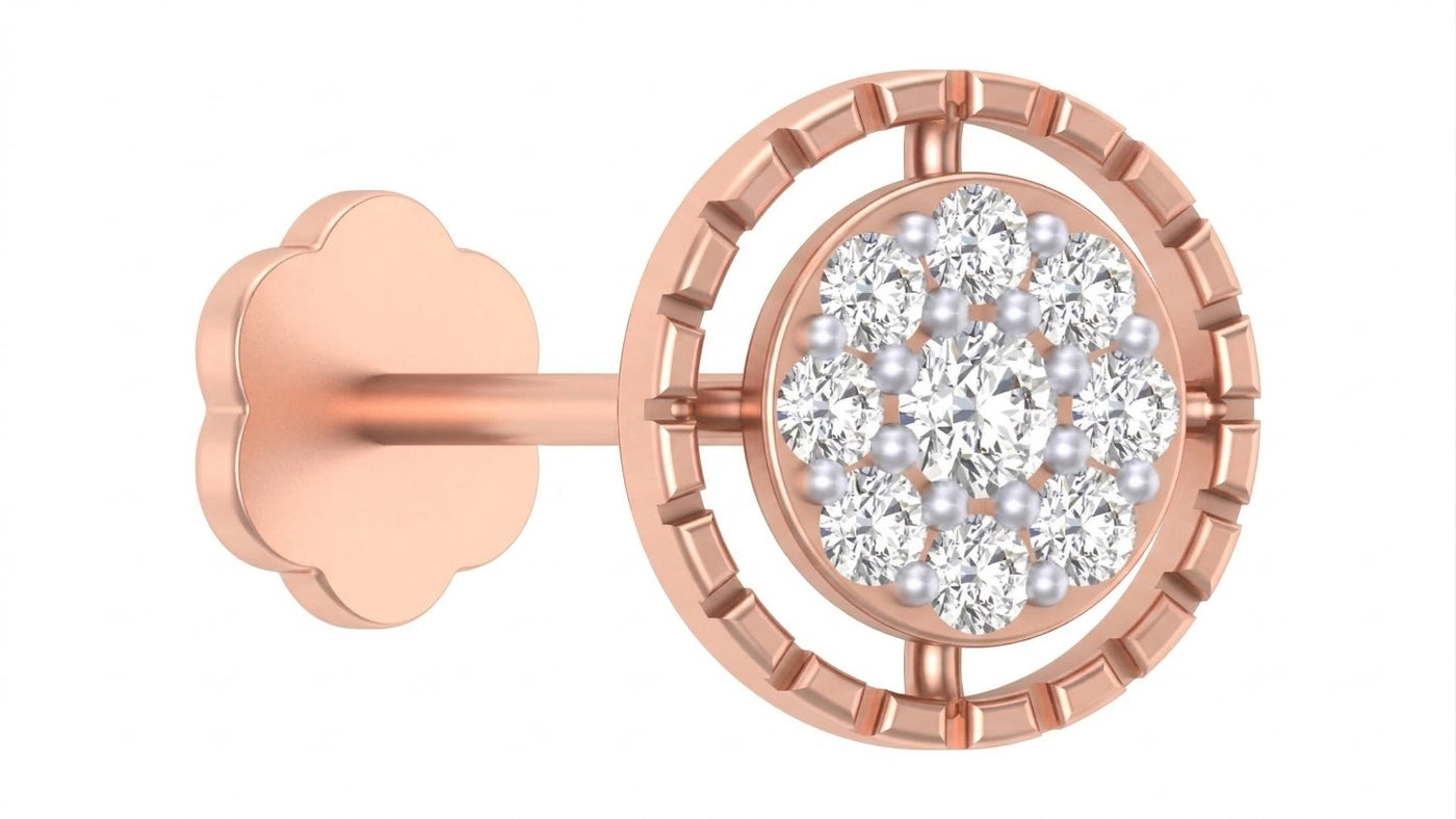 Rose gold earring with diamond stud nosepin-like stones on a white background