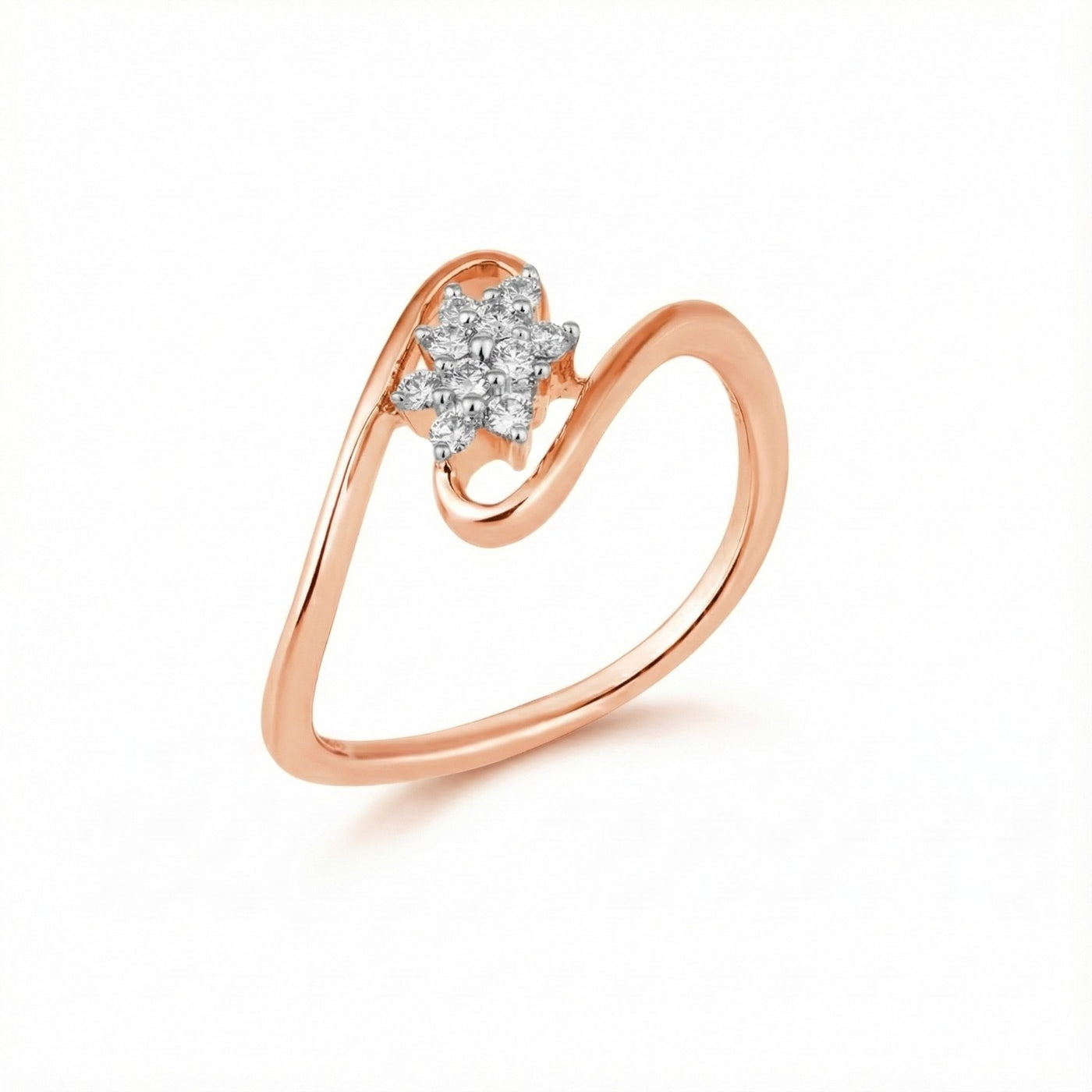 Rose gold ring with a diamond flower design on a white background