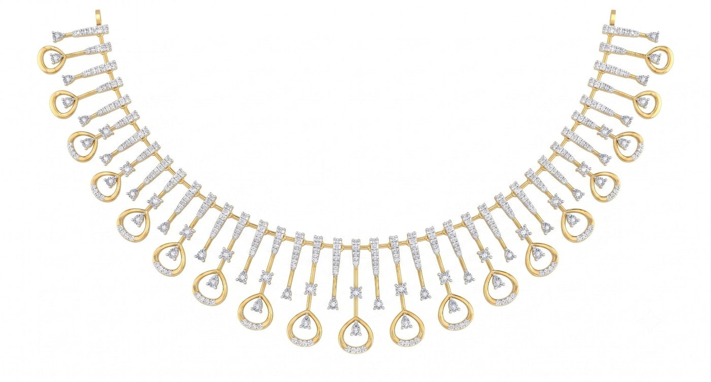 Yellow gold and diamond statement necklace featuring a teardrop  diamond motifs on a white background.