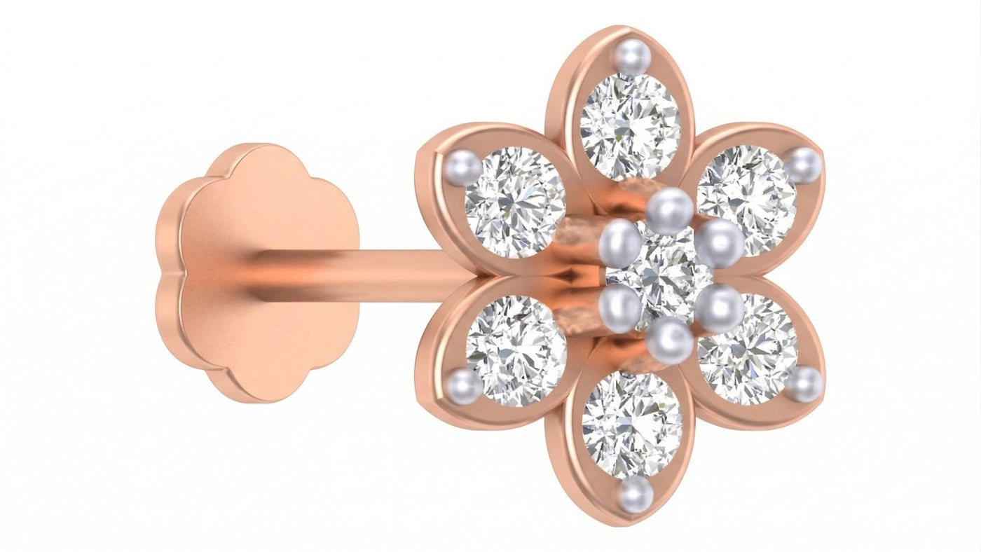Rose gold and diamond stud nose pin on a white background