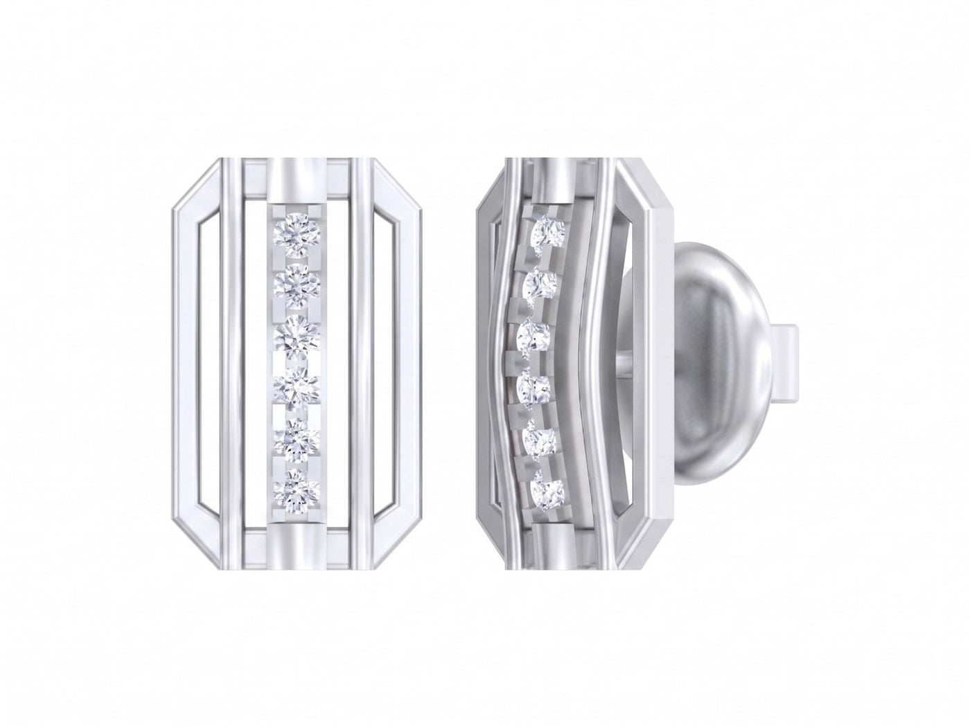 White gold and diamond stud earring on a white background.