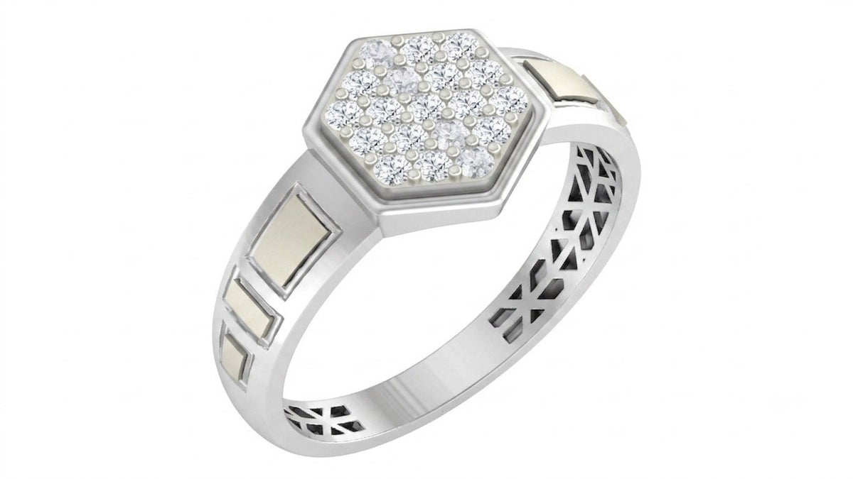 A white gold ring with a hexagonal pavé diamond setting, shown on a plain white background.