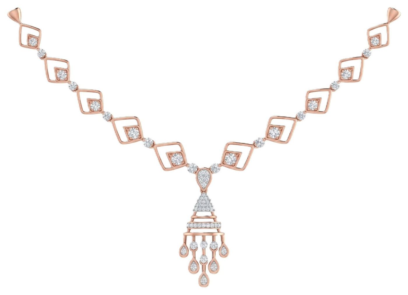 Rose gold necklace with diamond accents on a white background