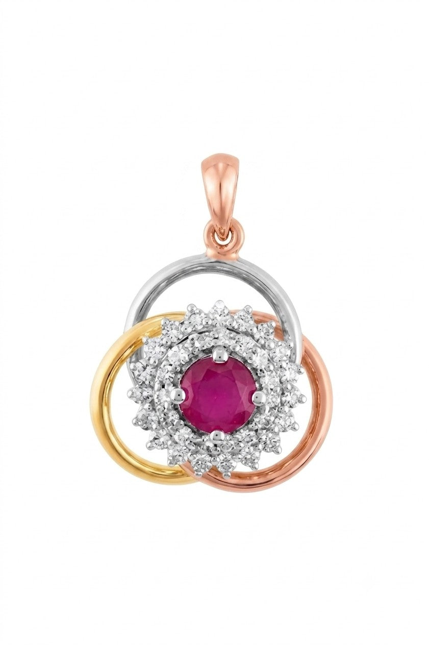 Tri-color rose gold pendant with a red gemstone and diamond accents on a white background
