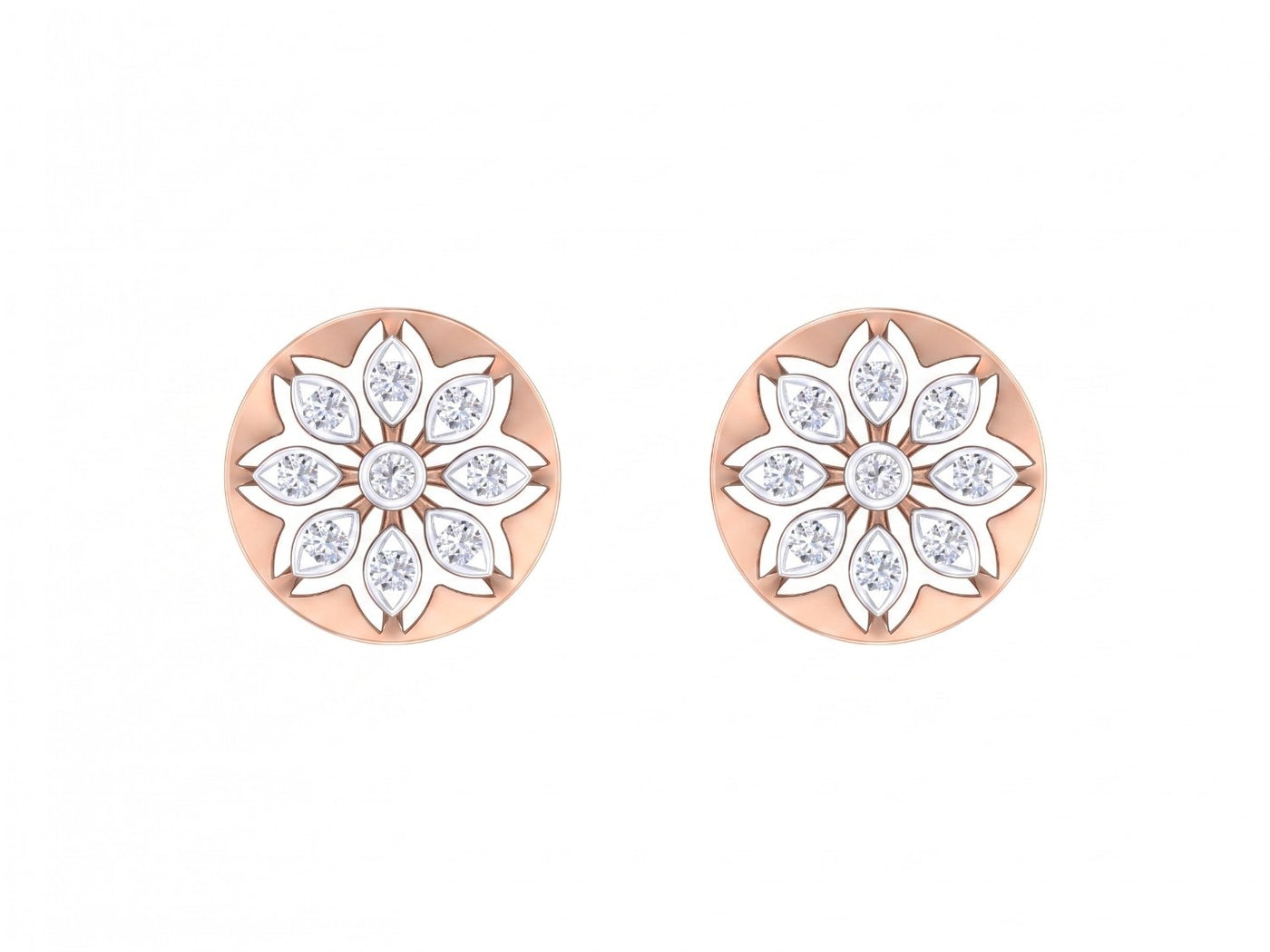 Rose gold and diamond round-shaped stud earring with floral-design on a white background.