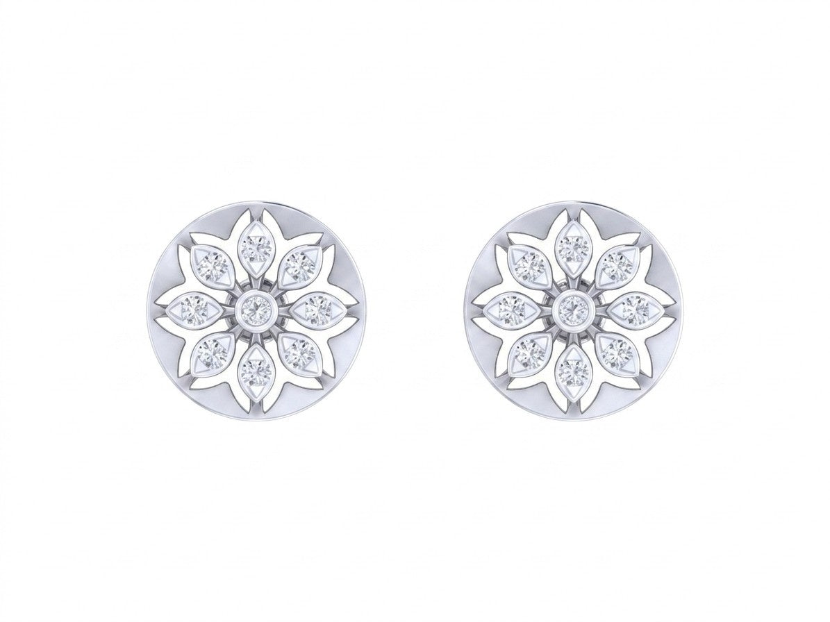 White gold and diamond round-shaped stud earring with floral-design on a white background.