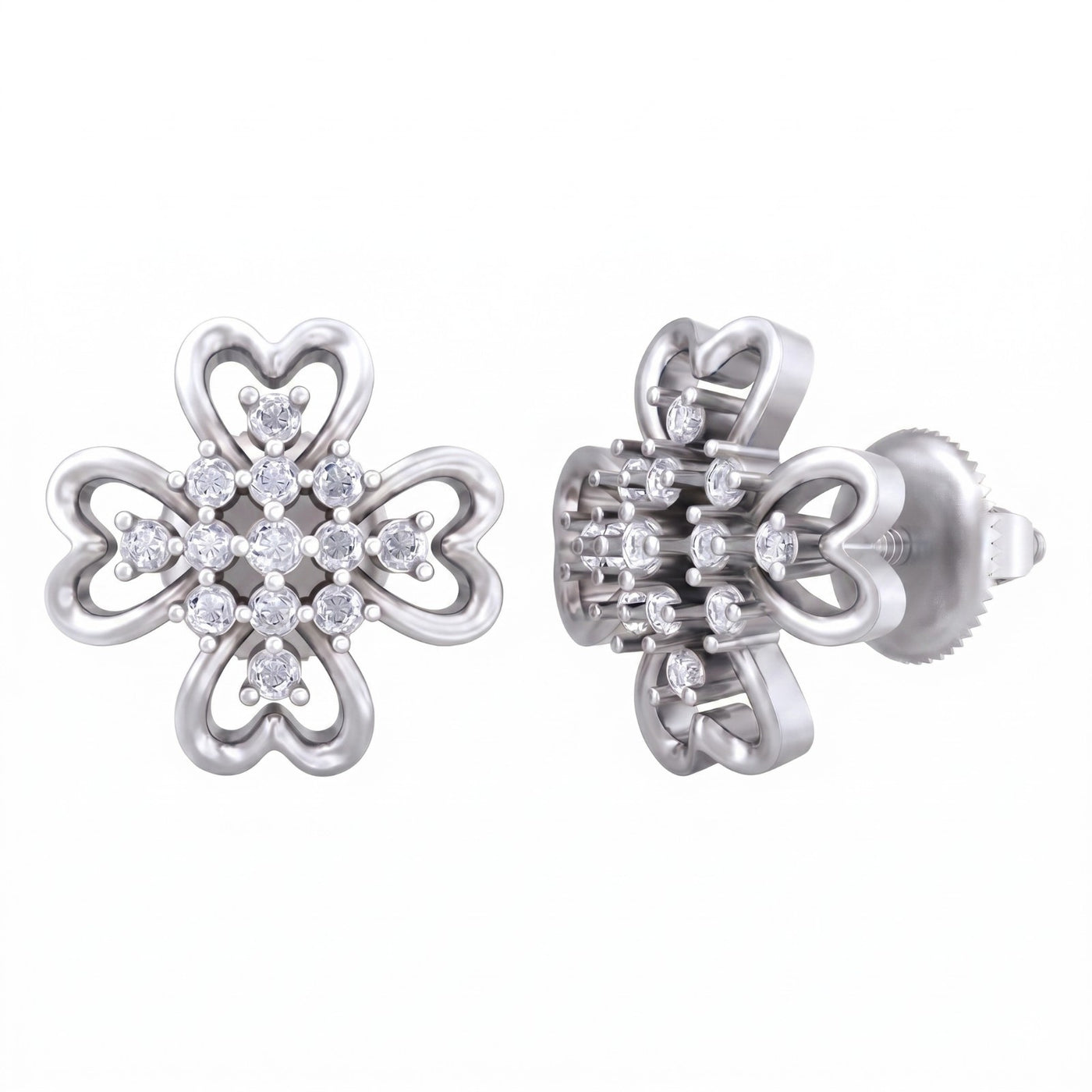 White gold and diamond stud earring with floral-design on a white background