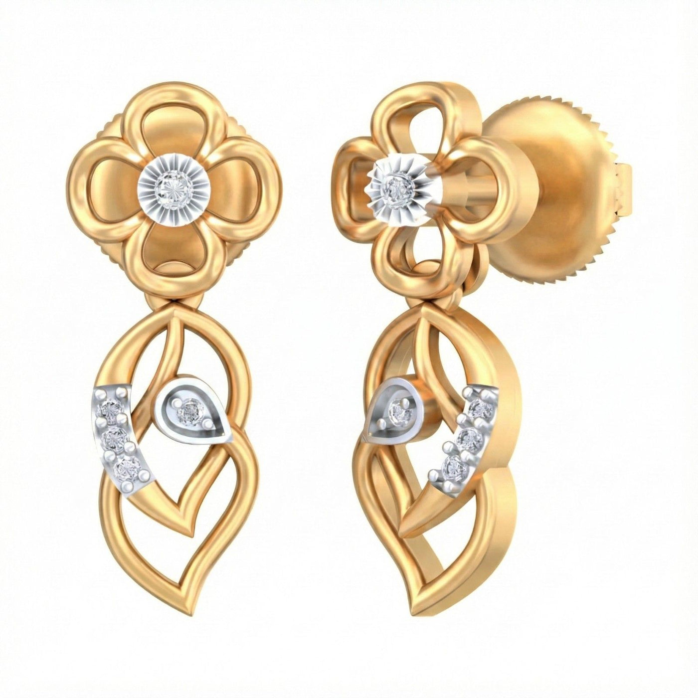 Yellow gold and diamond Drop earrings with floral design on a white background.