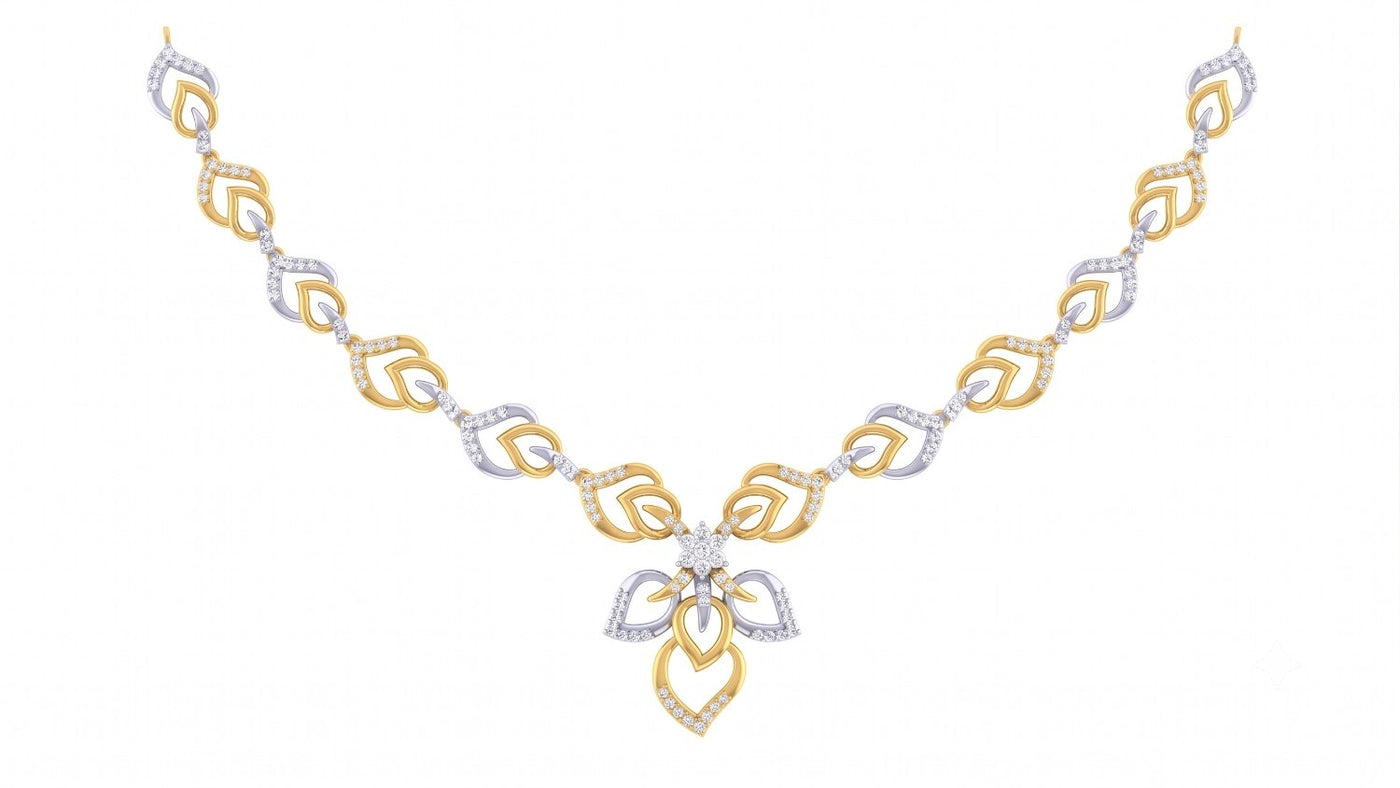 A yellow gold and diamond necklace with floral shaped, displayed on a clean white background.