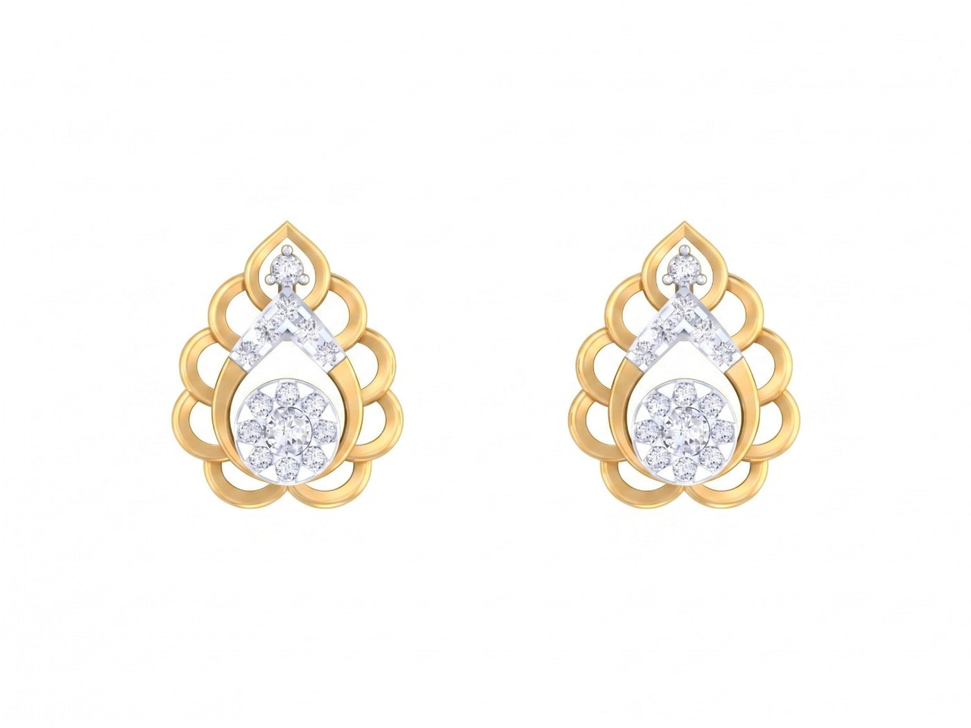 Yellow gold and diamond stud earring with teardrop-design on a white background.