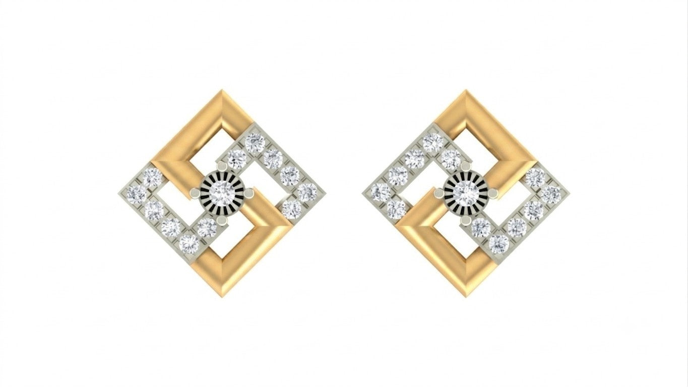 Pair of yellow gold square earrings with diamond accents on a white background