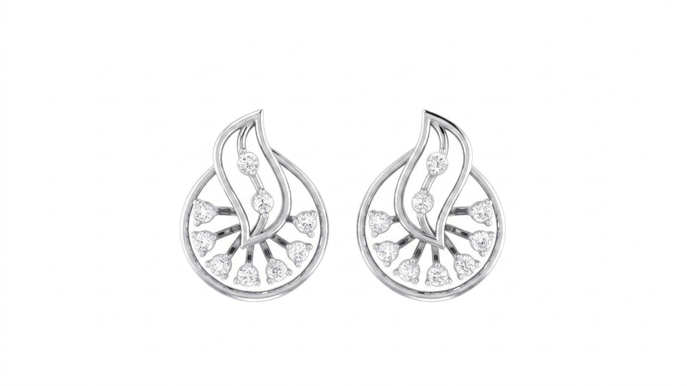 Pair of white gold and diamond round shaped stud earrings with leaf-design on a white background.