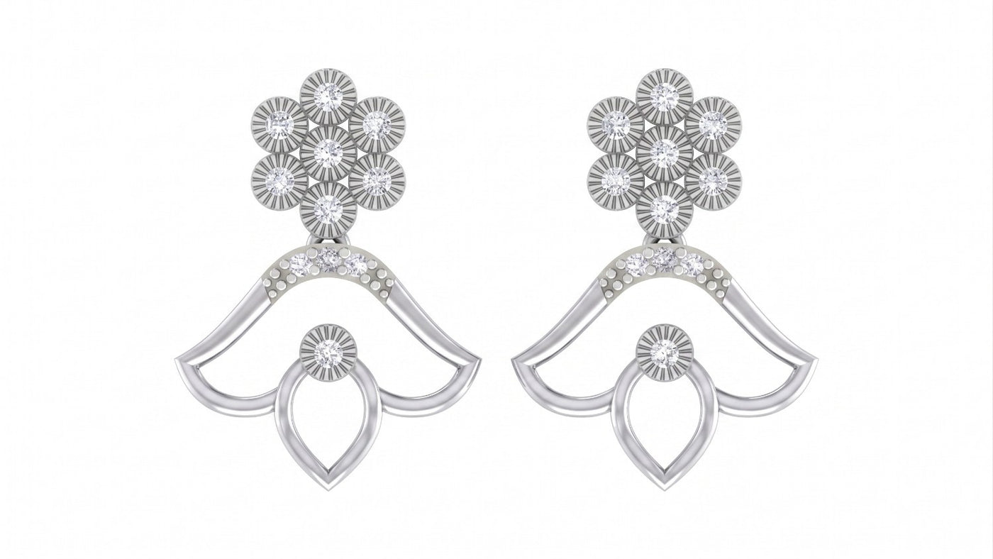 White gold and diamond drop earrings with floral design on a white background
