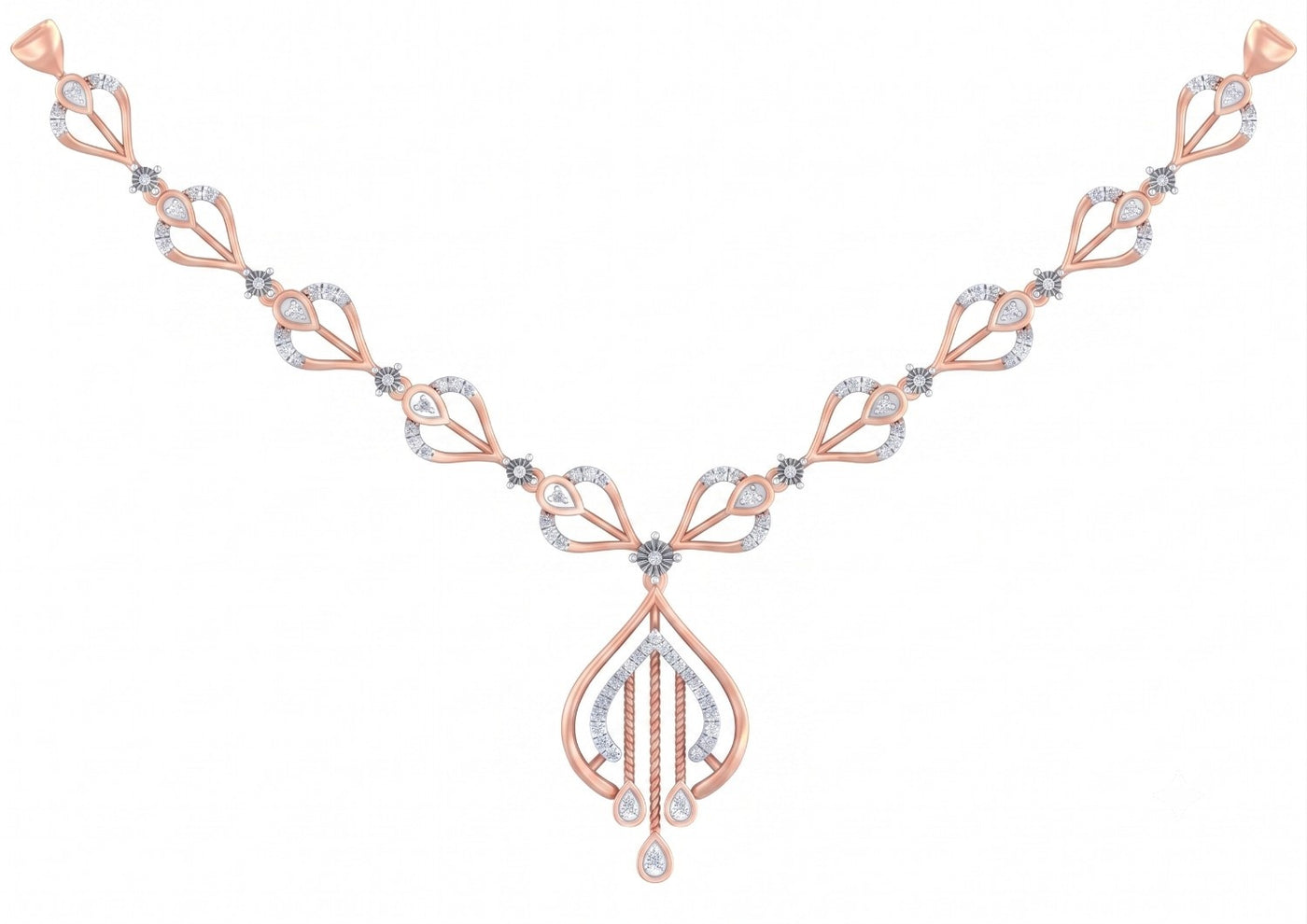 Rose gold and diamond necklace with openwork leaf links and an intricate chandelier drop.