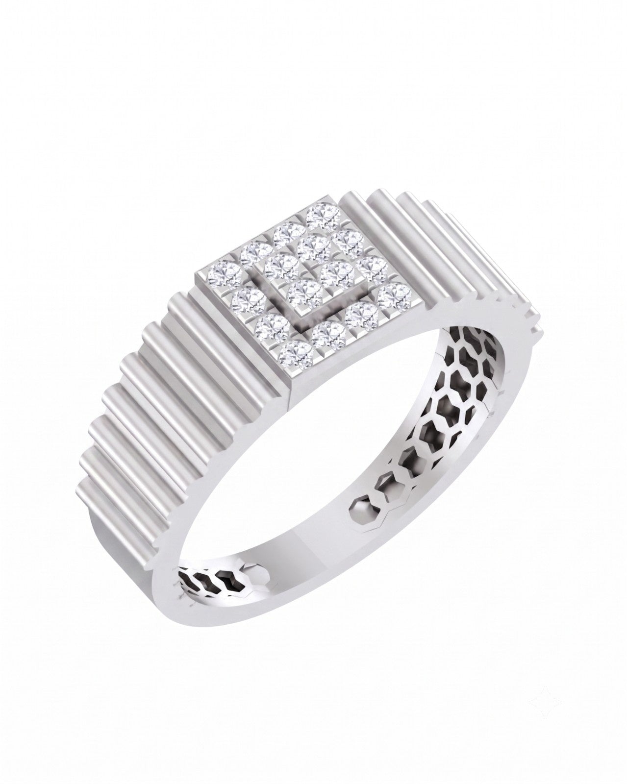 A white gold ring with a square diamond cluster setting, set against a plain white background.