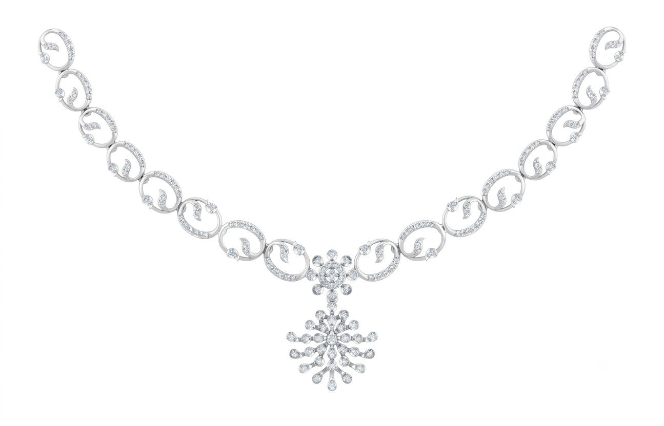 A white gold and diamond necklace featuring repeating oval links paved, shown on a plain white background.