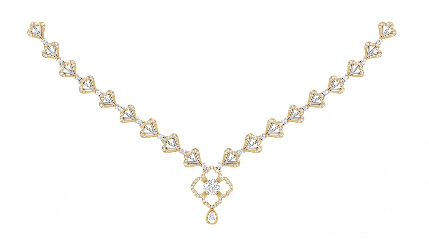 A yellow gold necklace with a geometric diamond pattern and a central floral motif, displayed on a solid white background.