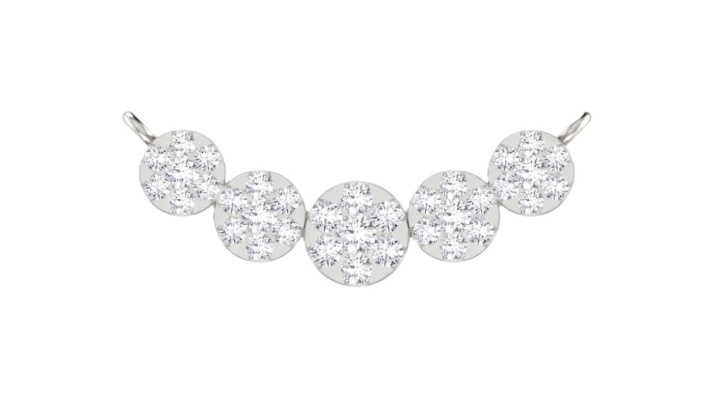 A delicate white gold and diamond mangalsutra featuring five round pavé-set clear gemstones, displayed on a solid white background.