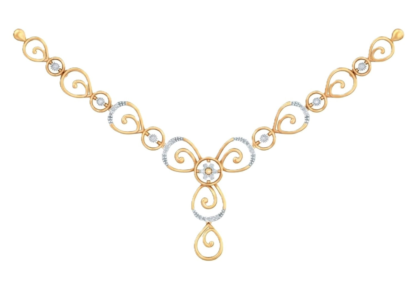Yellow gold and diamond necklace with intricate design on a white background