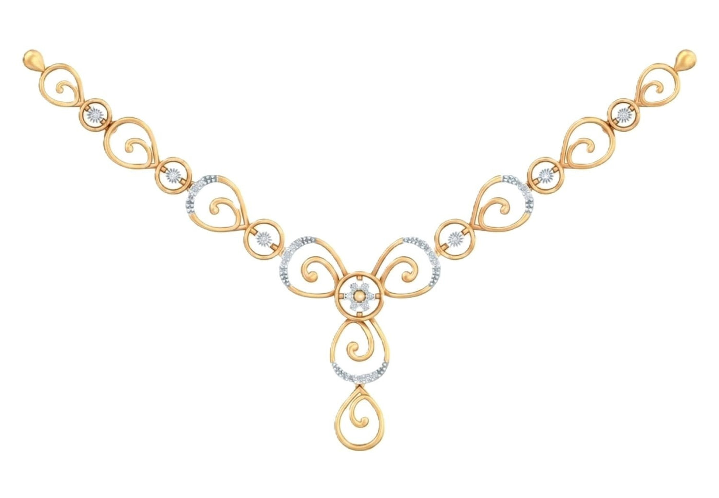 Yellow gold and diamond necklace set on a white background.