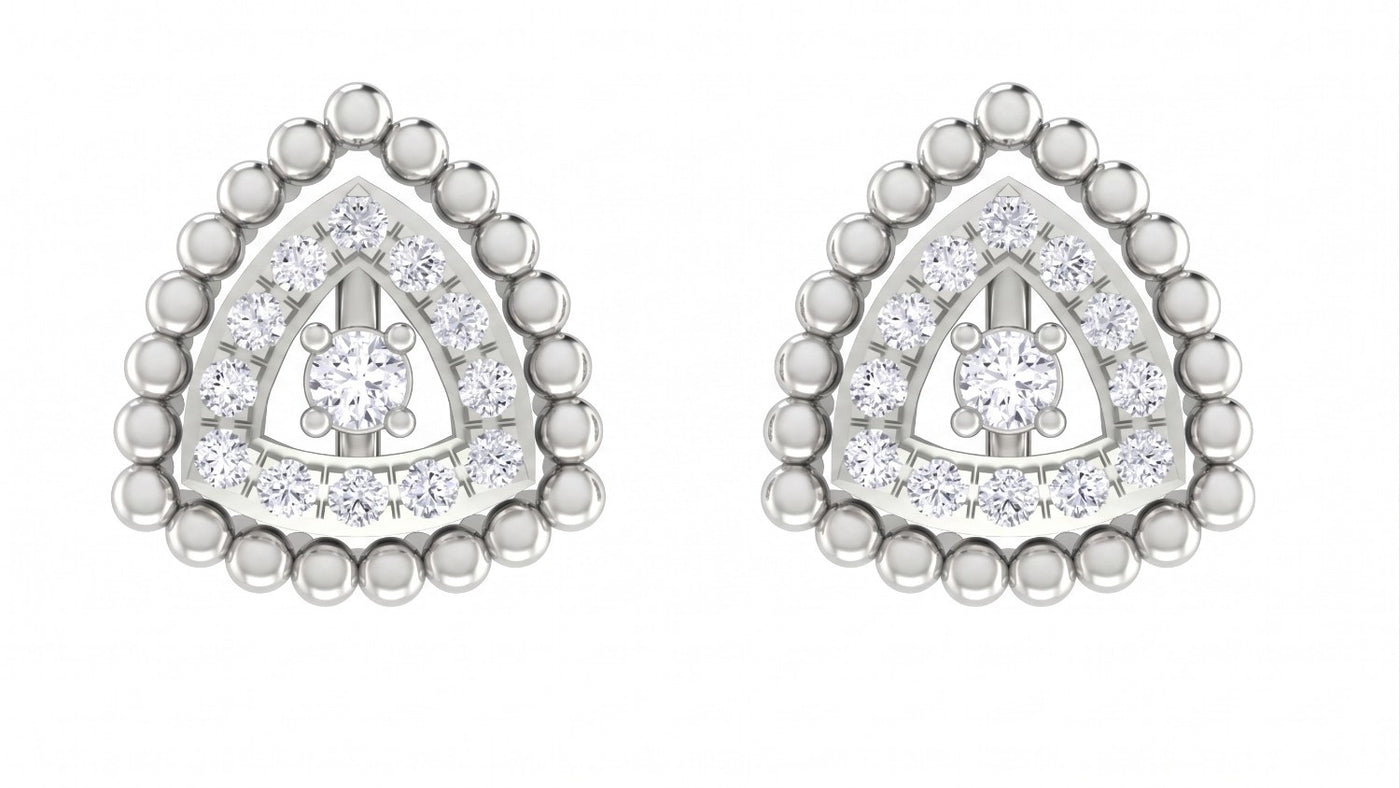 Pair of white gold and diamond triangle halo stud earrings on a white background