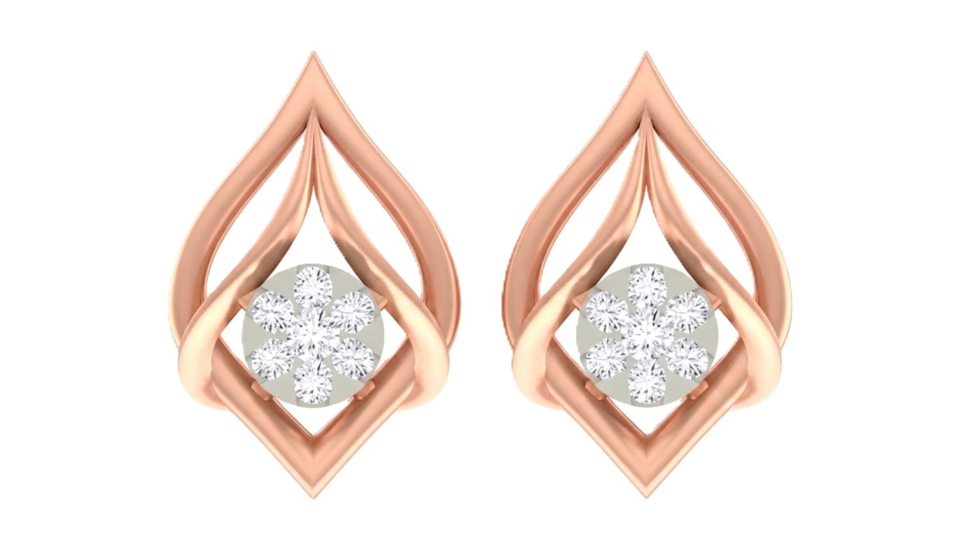 Rose gold and diamond stud earrings on a white background.