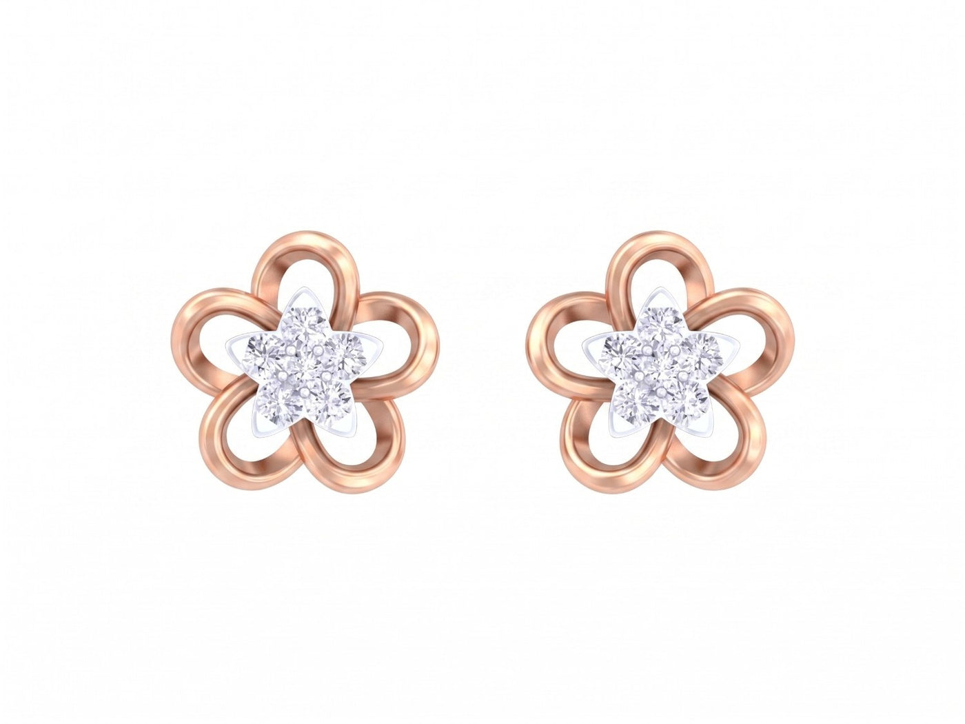 Rose gold and diamond stud earring with floral-design on a white background.