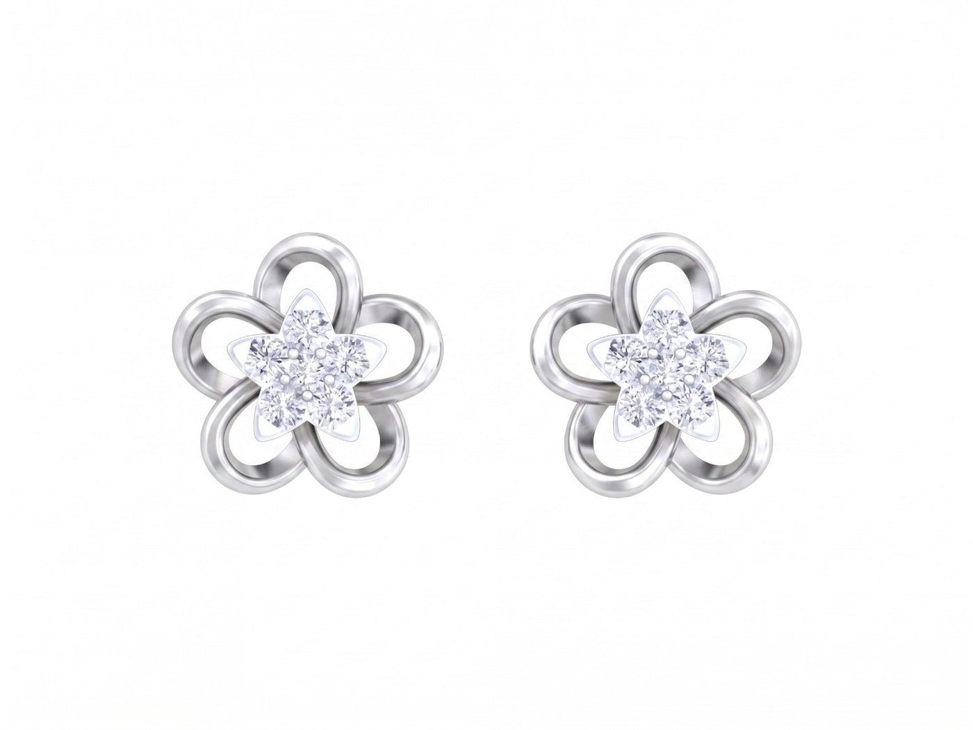 White gold and diamond stud earring with floral-design on a white background.