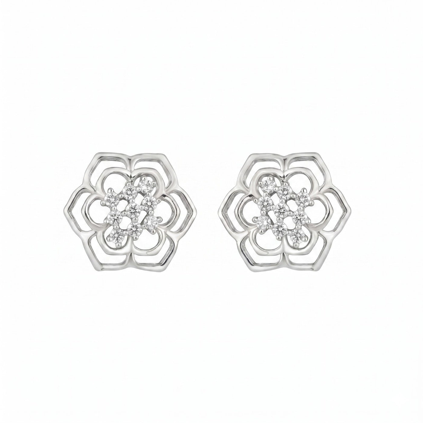 Gold & natural diamond floral women stud earrings in white gold with elegant flower design.