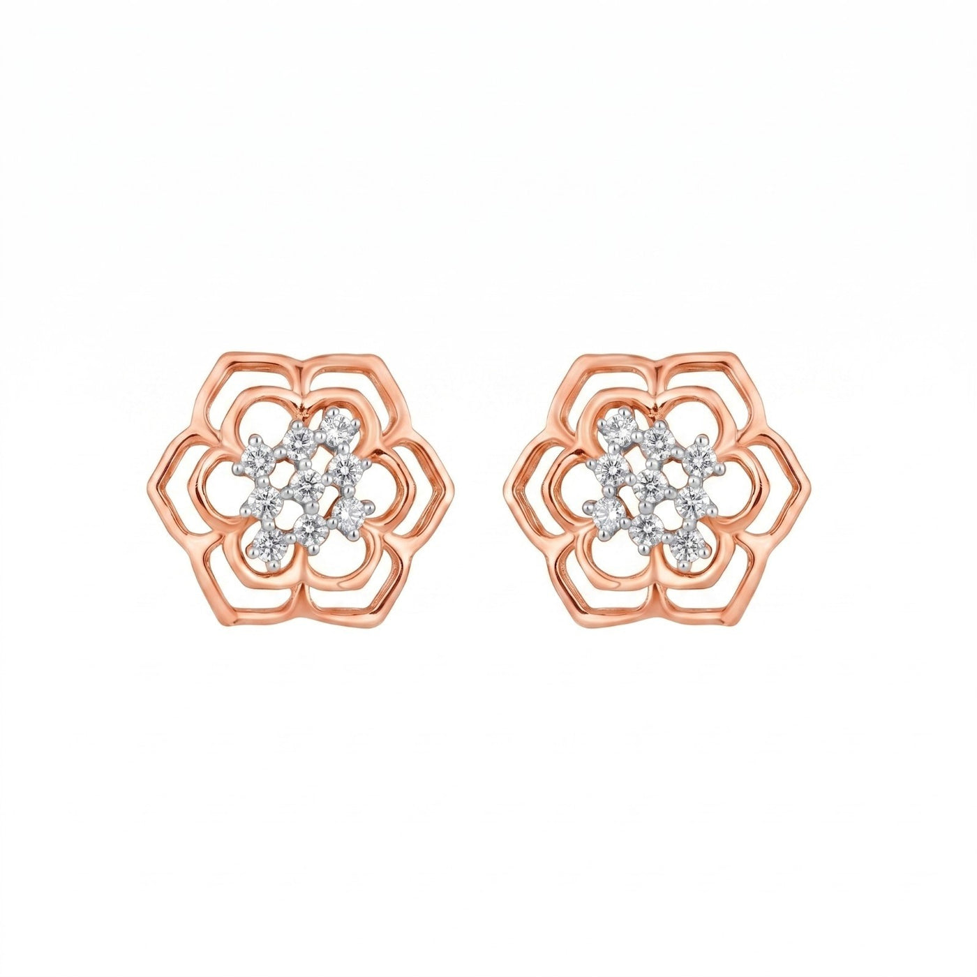 Gold & natural diamond floral women stud earrings in rose gold with elegant flower design.